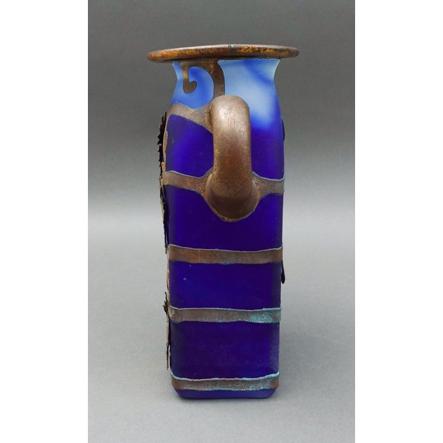 Mid 20th Century Anca Podaru Ama Romanian Copper Overlay Handled Art Glass Nouveau Vase For Sale - Image 4 of 10