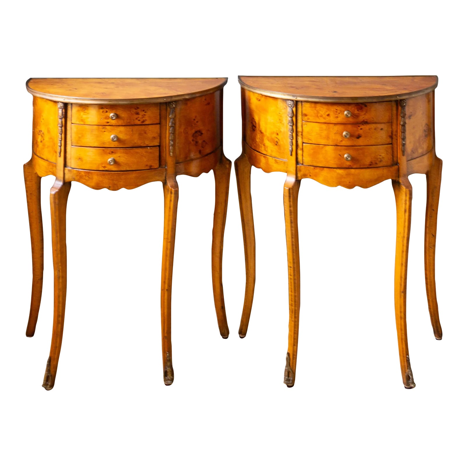 Louise XV Style European Burr Walnut Demilune Nightstands | Set of 2 ...