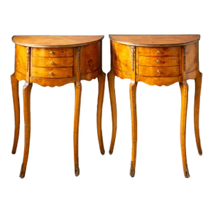 Louise XV Style European Burr Walnut Demilune Nightstands | Set of 2
