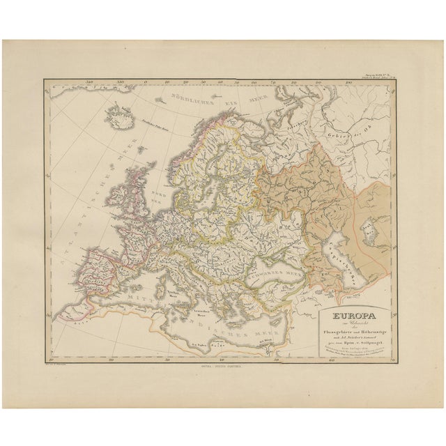 Europe Map of Rivers, Watersheds and Elevation, 1857 For Sale