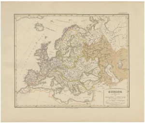 Europe Map of Rivers, Watersheds and Elevation, 1857