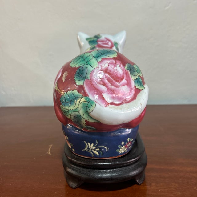 Famille Rose Ceramic Cat With Base For Sale - Image 6 of 9