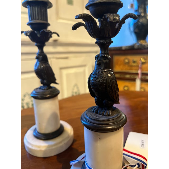 19th Century 19th Century French Pair of Bronze Owl Candle Sticks For Sale - Image 5 of 7