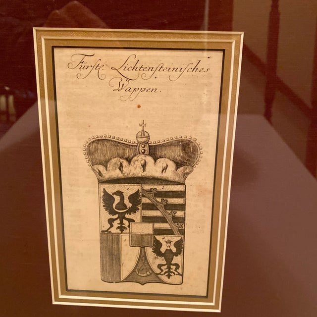 Beautifully framed and silk matted original print from 1730 Liechtenstein. The antiqued gilt wood frame with triple matt,...