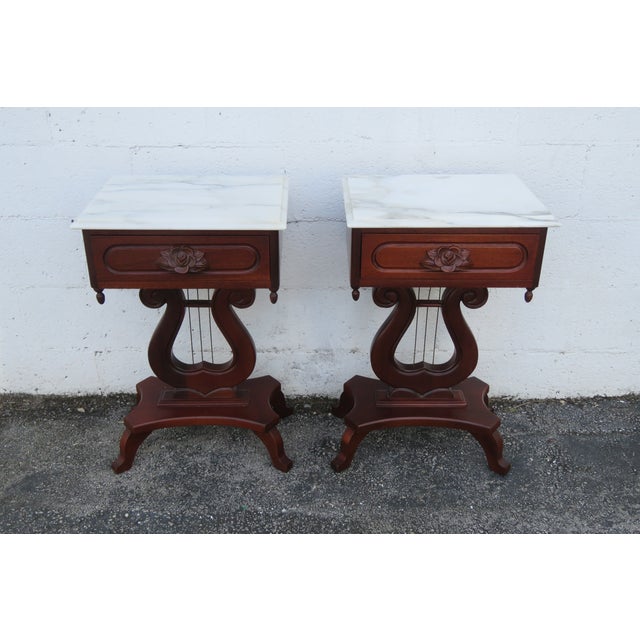 Mid 20th Century Victorian Style Marble Top Harp Design Side End Tables Nightstands a Pair For Sale - Image 9 of 18