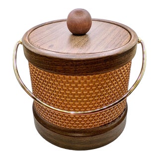 Mid Century Modern Kraftware Cane, Wood & Brass Ice Bucket For Sale