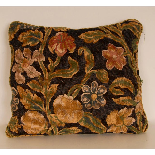 19th Century French Needlepoint Pillow Throw Cushion Floral Dark Blue Hand Crafted For Sale - Image 9 of 9
