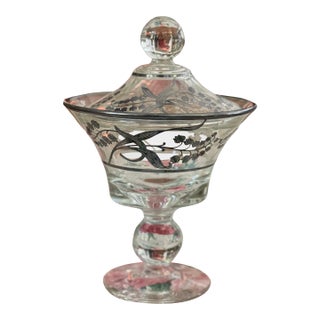 Vintage Mid 20th Century Marked Sterling Silver Overlay Footed Glass Compote With Lid in Lily of the Valley Pattern For Sale