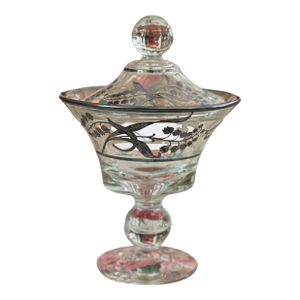 Vintage Mid 20th Century Marked Sterling Silver Overlay Footed Glass Compote With Lid in Lily of the Valley Pattern