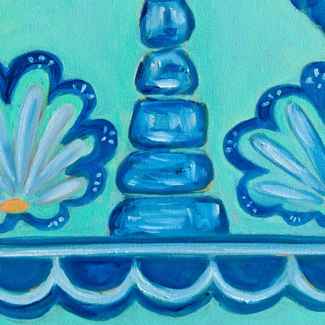 Tatiana Duperault Palm Tree Original Oil Painting, Signed, Blue and Green Chinoiserie, Faux Bamboo Frame For Sale - Image 4 of 5