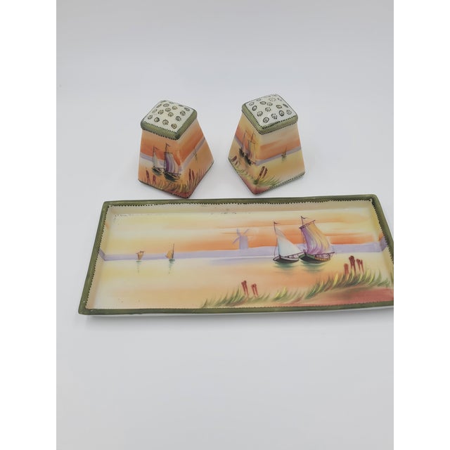 Antique Hand-Painted Nippon Porcelain Sailboat Scenic Salt & Pepper Set With Tray - 3 Pieces For Sale - Image 4 of 12