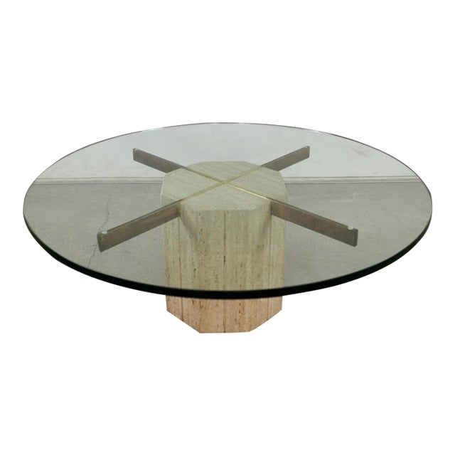 1970’s Hollywood Regency Artedi Style Travertine & Brass Coffee Table For Sale