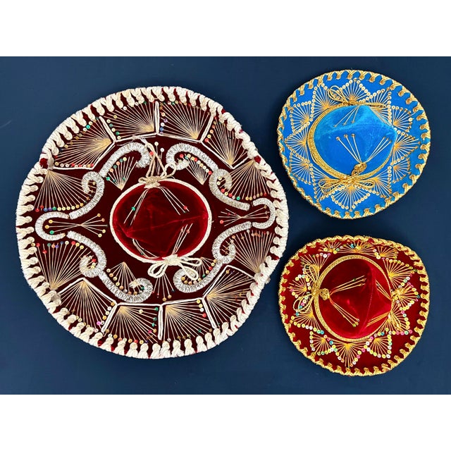 Textile Set of 3 Vintage Mexican Charro Mariachi Sombreros, Pigalle & Salazar Yepez, Folk Art Wall Decor For Sale - Image 7 of 9