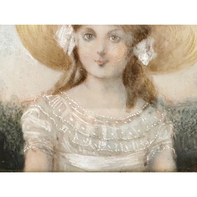 Traditional Early 20th Century French Miniature Portrait Painting: La Belle Époque Young Maiden, Bakelite Frame For Sale - Image 3 of 9
