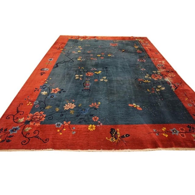 Chinese - Art Deco Rectangle 1920s Knotted Antique Blue Wool Room Size Rug, Circa Date: 1920s. This exceptional piece...