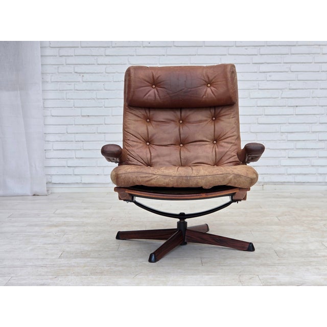 Scandinavian Swivel Armchair in Brown Furniture Leather, 1960s For Sale - Image 4 of 16