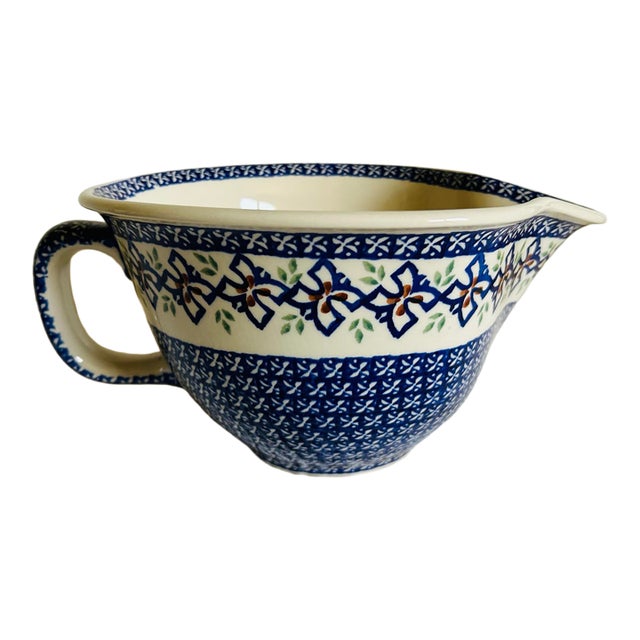 Vintage Polish Pottery Stoneware Batter Bowl With Pouring Spout For Sale