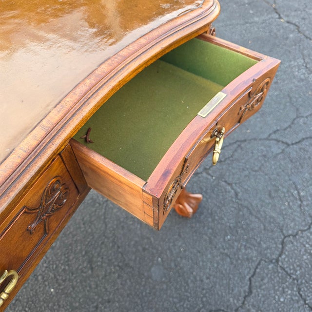Brown Fine American Chippendale Revival Carved Walnut Leather Top Writing Desk With Ball-and-Claw Feet, Circa 1940 For Sale - Image 8 of 13