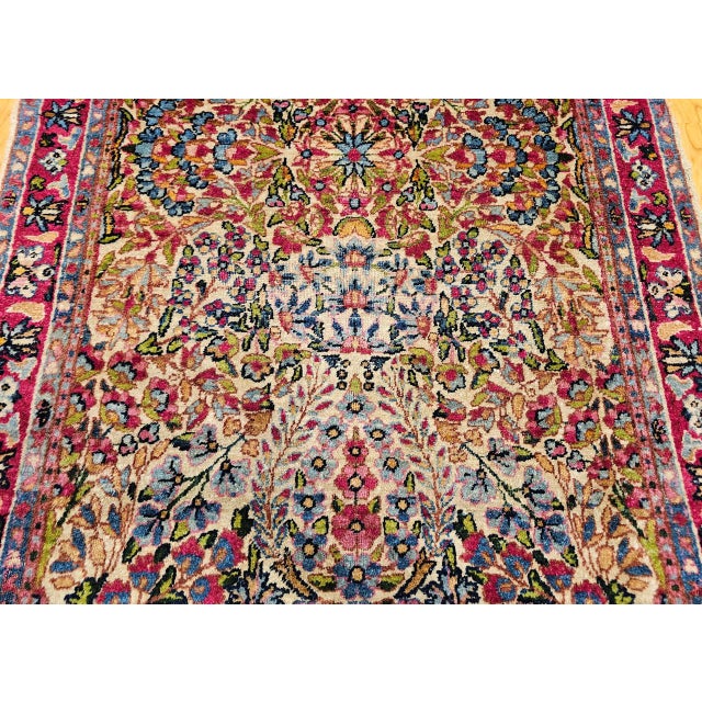 Pink 19th Century Persian Kerman Lavar Rug, Hand-Knotted Wool, All-over Floral Pattern, Ivory & Green, 3x5 For Sale - Image 8 of 13