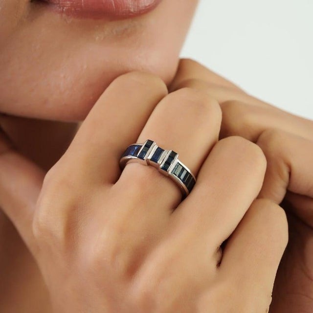 Geometric Sapphire Band Ring in 925 Sterling Silver for Her, Size 6 For Sale - Image 6 of 15