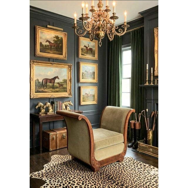 Tan Monumental Vintage Hollywood Regency Neoclassical Curule Style Oversized Velvet Accent Chair / Bench Chair For Sale - Image 8 of 14