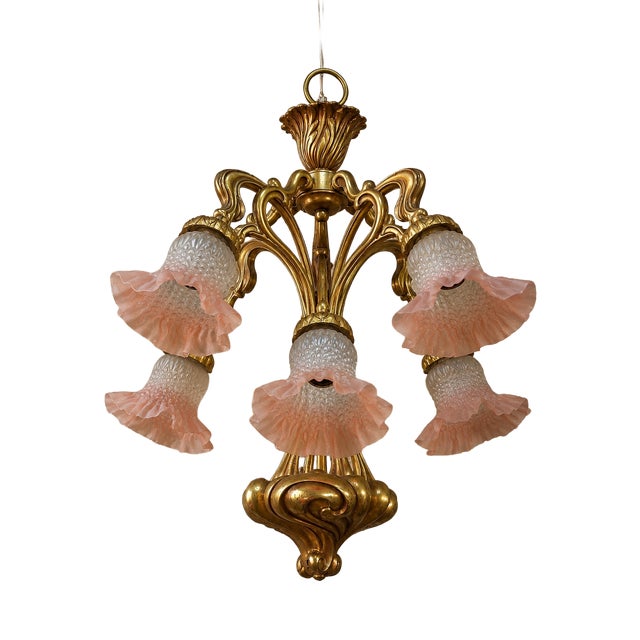 Art Nouveau Nancy School Bronze Chandelier with Five Lights, 1900s For Sale