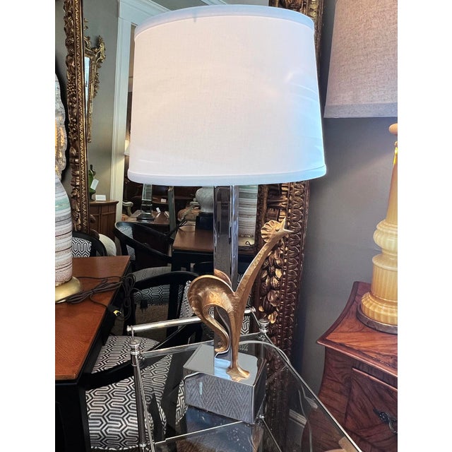 Maison Charles 1950s Maison Charles (Attr.) Gilt-Bronze and Chrome Rooster Lamp For Sale - Image 4 of 6