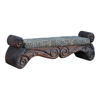 1960s Carved Tiki Wood Witco Entry Bench With Cheetah Upholstery For Sale