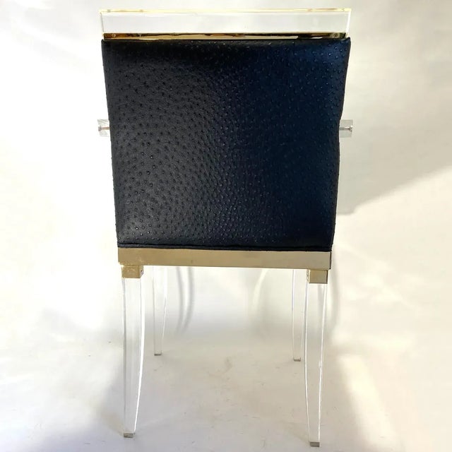 French Set Four Vintage French Maison Romeo Brass, Lucite and Ostrich Leather Armchairs For Sale - Image 3 of 12