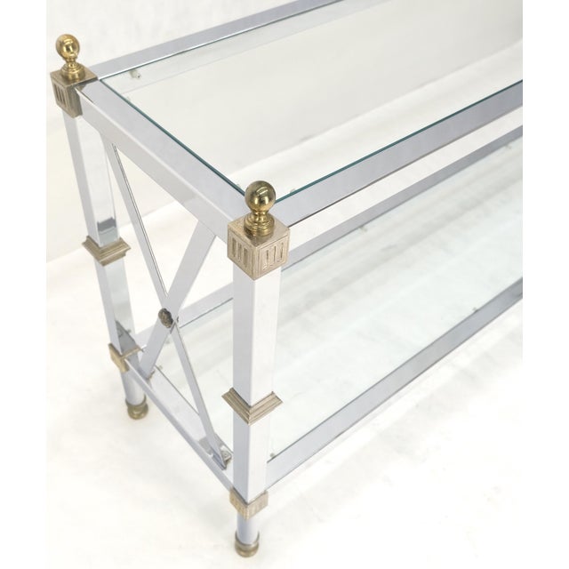 Metal Two Tier Glass Shelves Chrome & Brass Rectangle 60" Long Italian Console Table For Sale - Image 7 of 14