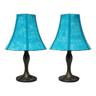 Coastal Bronze-Tone Metal Table Lamps With Turquoise Shades - A Pair For Sale