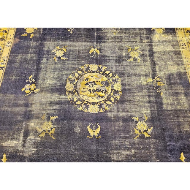 19th Century Chinese Peking Rug, Handwoven Wool, Indigo & Yellow, 10' x 14' For Sale - Image 9 of 15