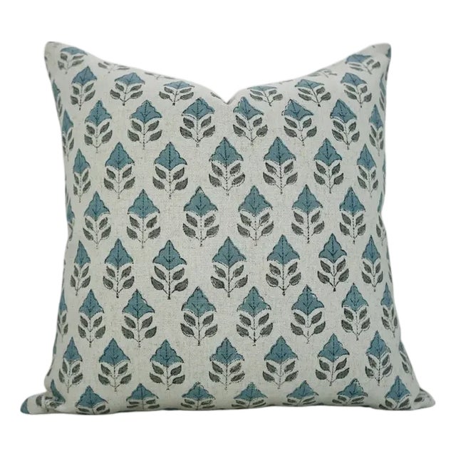 Boho Block Print Water Replicant Cushion Cover 22x22 Inch Cotton Linen- Mayur For Sale