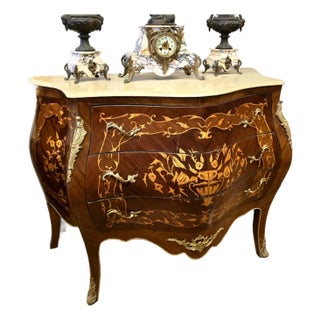 French Bombe Commode With Marble Top – Floral Marquetry Chest of Drawers With Bronze Ormolu Mounts For Sale