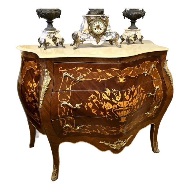 French Bombe Commode With Marble Top – Floral Marquetry Chest of Drawers With Bronze Ormolu Mounts For Sale