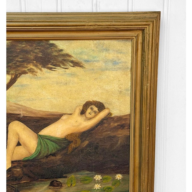 Wood Antique Art Nouveau Nude Women "Water Flower" Signed Oil on Canvas Painting For Sale - Image 7 of 13