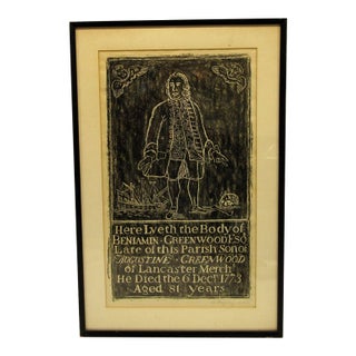 Original St. Mary Cray 1967 Brass Rubbing of Benjamin Greenwood Esq. Tombstone For Sale