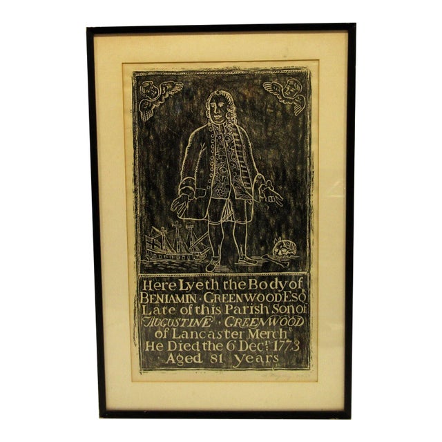 Original St. Mary Cray 1967 Brass Rubbing of Benjamin Greenwood Esq. Tombstone For Sale