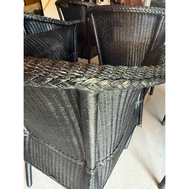 Set of 5 Lamberts Black Wicker Arm Chairs With Custom Perennials Seat Cushions For Sale - Image 10 of 14