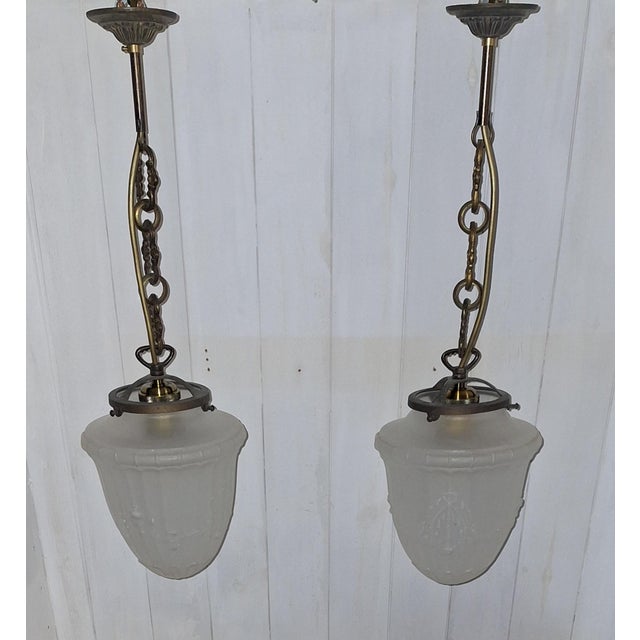 Antique Ceiling Lamps on Patinated Brass Mounts and Frosted, Teardrop-Shaped Glass Shades, 1900s, Set of 2 For Sale - Image 4 of 9