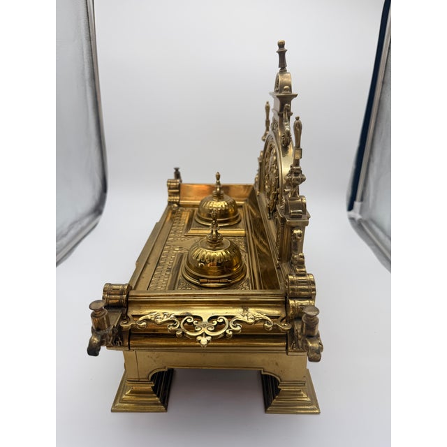 Late 19th Century Ornate Neoclassical Style Brass Double Inkwell Desk Set - "Minerva" & "Medusa" For Sale - Image 4 of 16