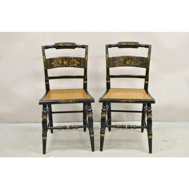 Vintage L. Hitchcock Black Stencil Harvest Decorated Cane Side Chair - a Pair. Circa Mid 20th Century. Measurements: 34" H...