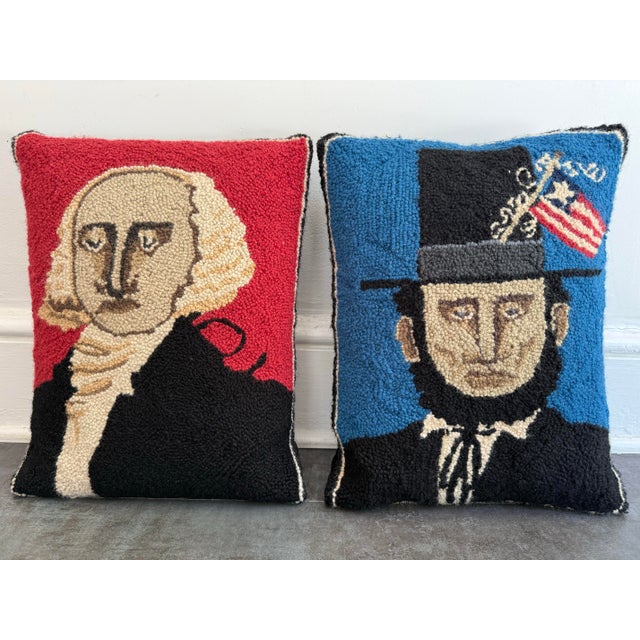 Vintage Hooked Wool Presidential Pillows, a Pair For Sale - Image 6 of 7