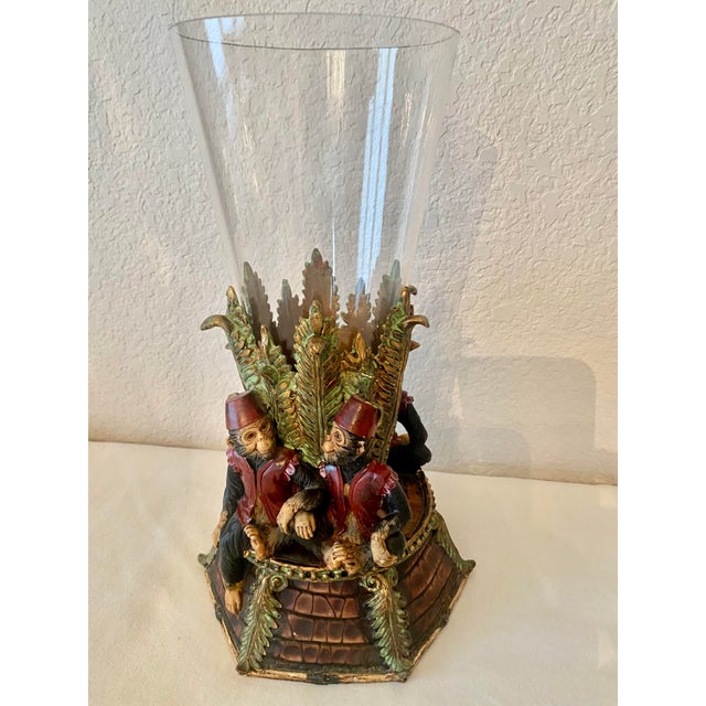 English Vintage Singerie Motif Primates Dressed in Red Vests & Hat Unique and Exquisite Vase/Vessel For Sale - Image 3 of 16