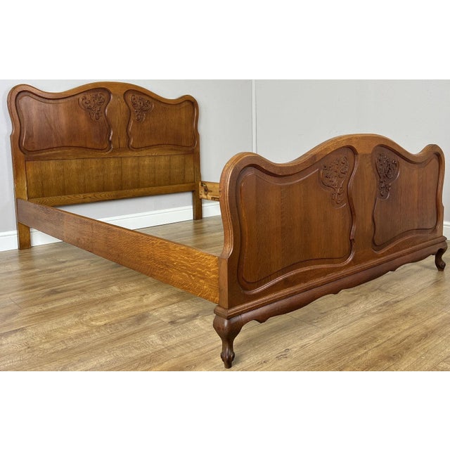 Vintage French Louis XVI Oak Double Bed Frame with Carved Headboard For Sale - Image 3 of 13