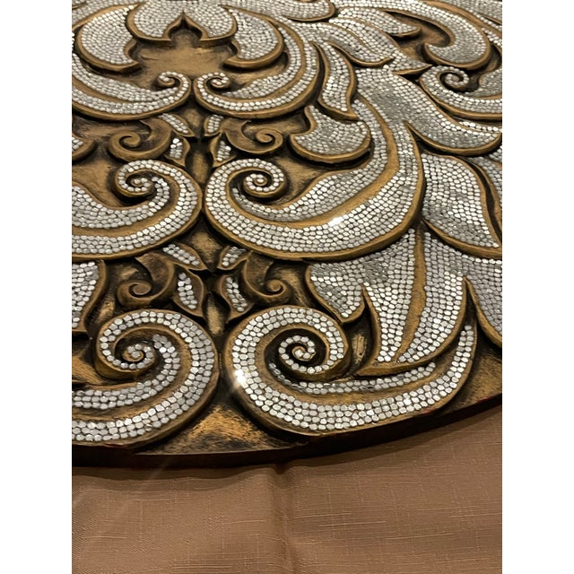 Wood Oversized Baroque Filigree Round Carved Medallion Wall Plaque With Metallic Micro-Beading For Sale - Image 7 of 12