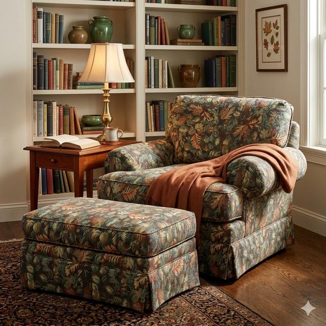 Wood Sherrill Furniture 1990s Overstuffed Club Chair and Ottoman Set - Botanical Tapestry For Sale - Image 7 of 7