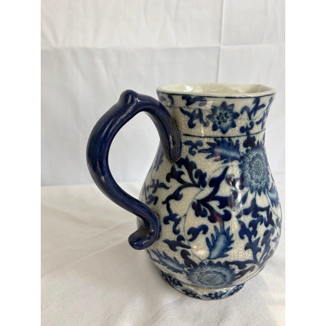 Chinese 1950s Chinese Blue & White Crackle Glaze Porcelain Pitcher With Figural Face Motif For Sale - Image 3 of 10