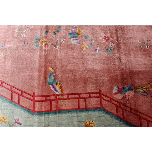 1920s 1920s Scenic Coral Antique Chinese Art Deco Bird Knotted Wool Carpet Rug For Sale - Image 5 of 11
