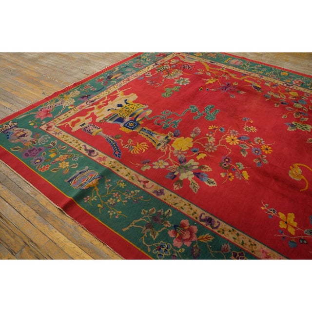 Textile 1920s Red Rust Floral Antique Chinese Art Deco Rug 9'x11' 8'' Woven Wool Carpet For Sale - Image 7 of 9